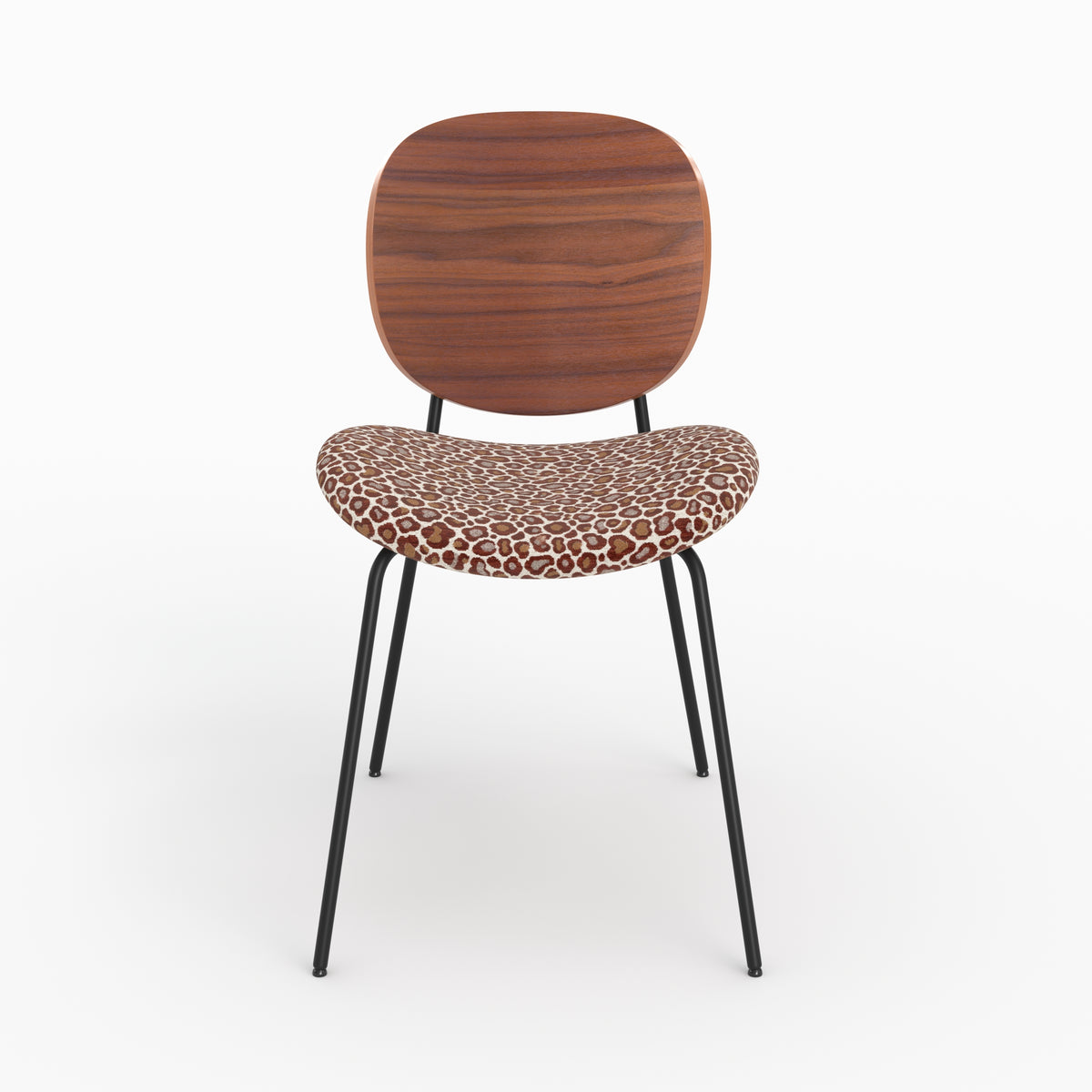 Chaise Simone en tissu léopard bordeaux et bois, pieds en métal noir, vue de face - Maison Pavane