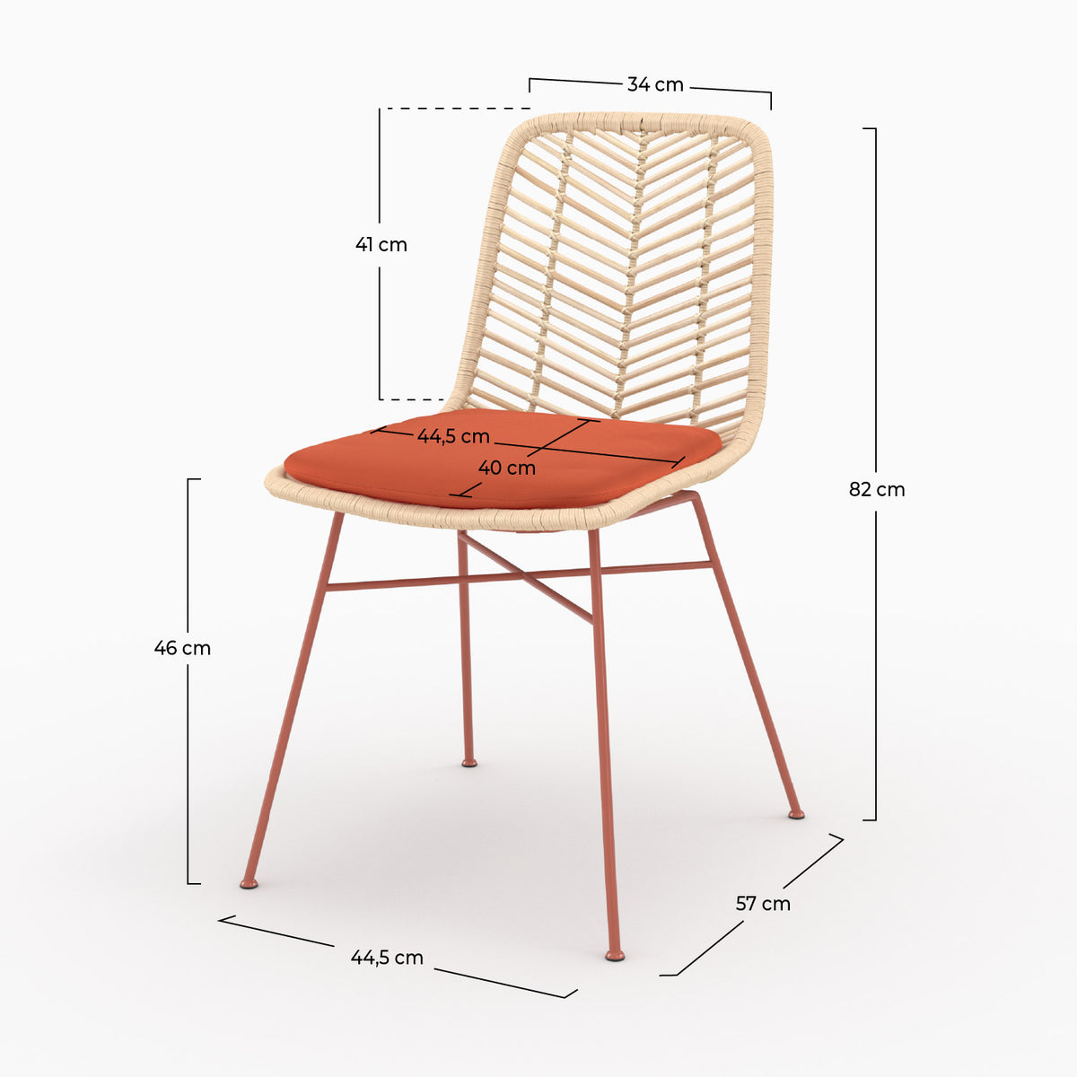 Dimensions de la chaise Tamara en rotin et tissu orange vermillon - Maison Pavane