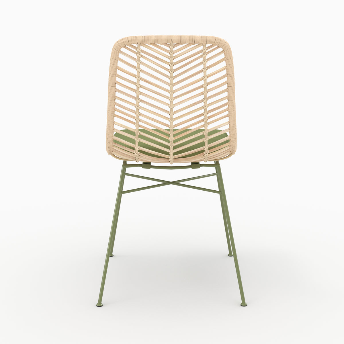 Chaise Tamara en rotin et tissu vert olive, vue de dos - Maison Pavane