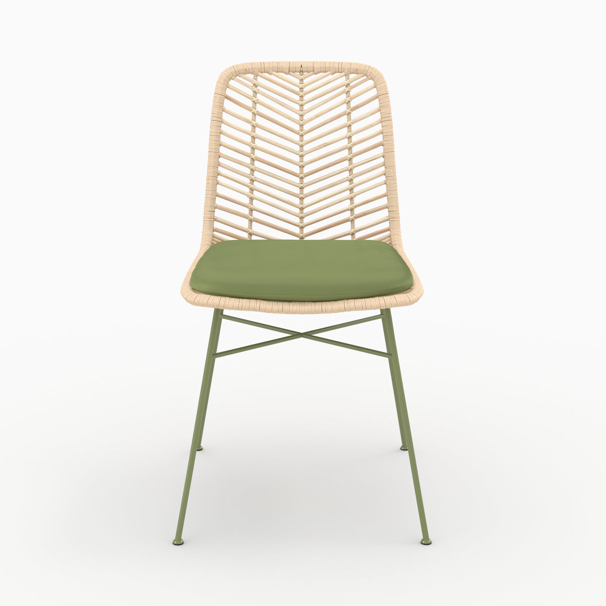 Chaise Tamara en rotin et tissu vert olive, vue de face - Maison Pavane