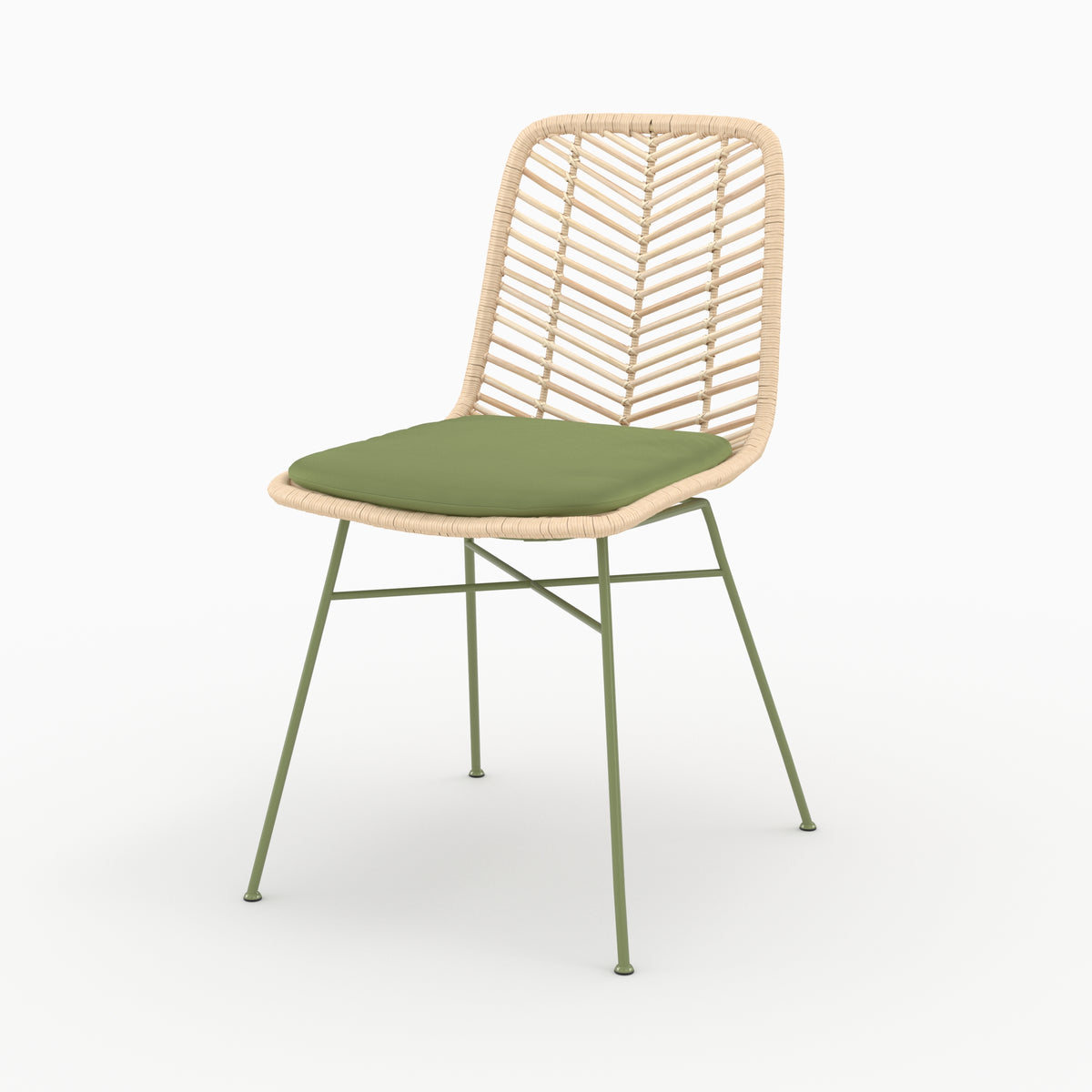 Chaise Tamara en rotin et tissu vert olive, vue de trois quarts - Maison Pavane
