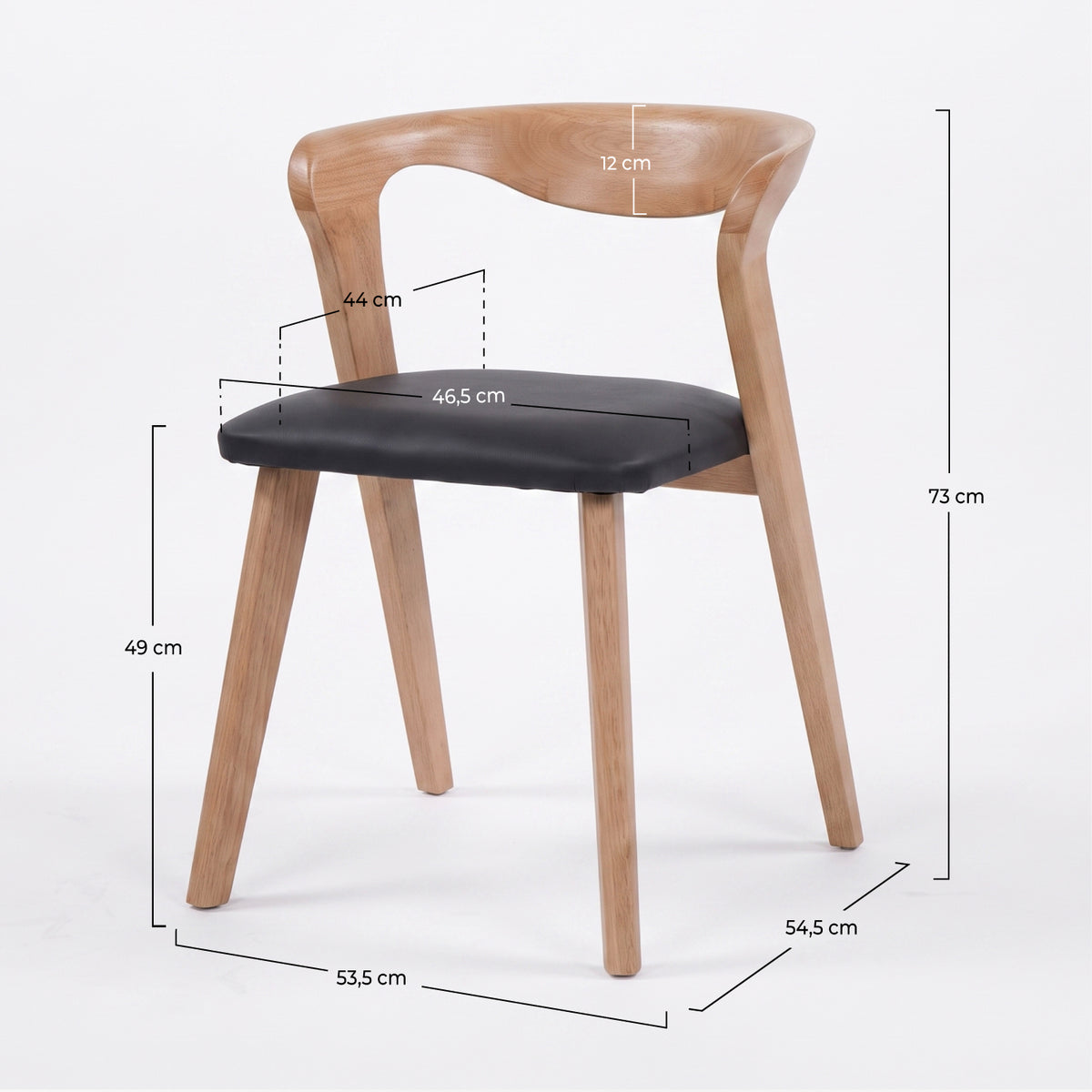 Dimensions de la chaise Vega en bois d'hévéa blond et cuir synthétique noir - Maison Pavane