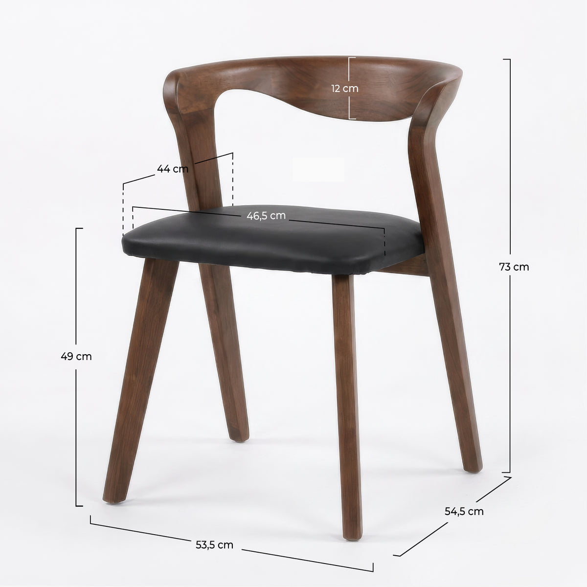 Dimensions de la chaise Vega en bois d'hévéa marron et cuir synthétique noir - Maison Pavane