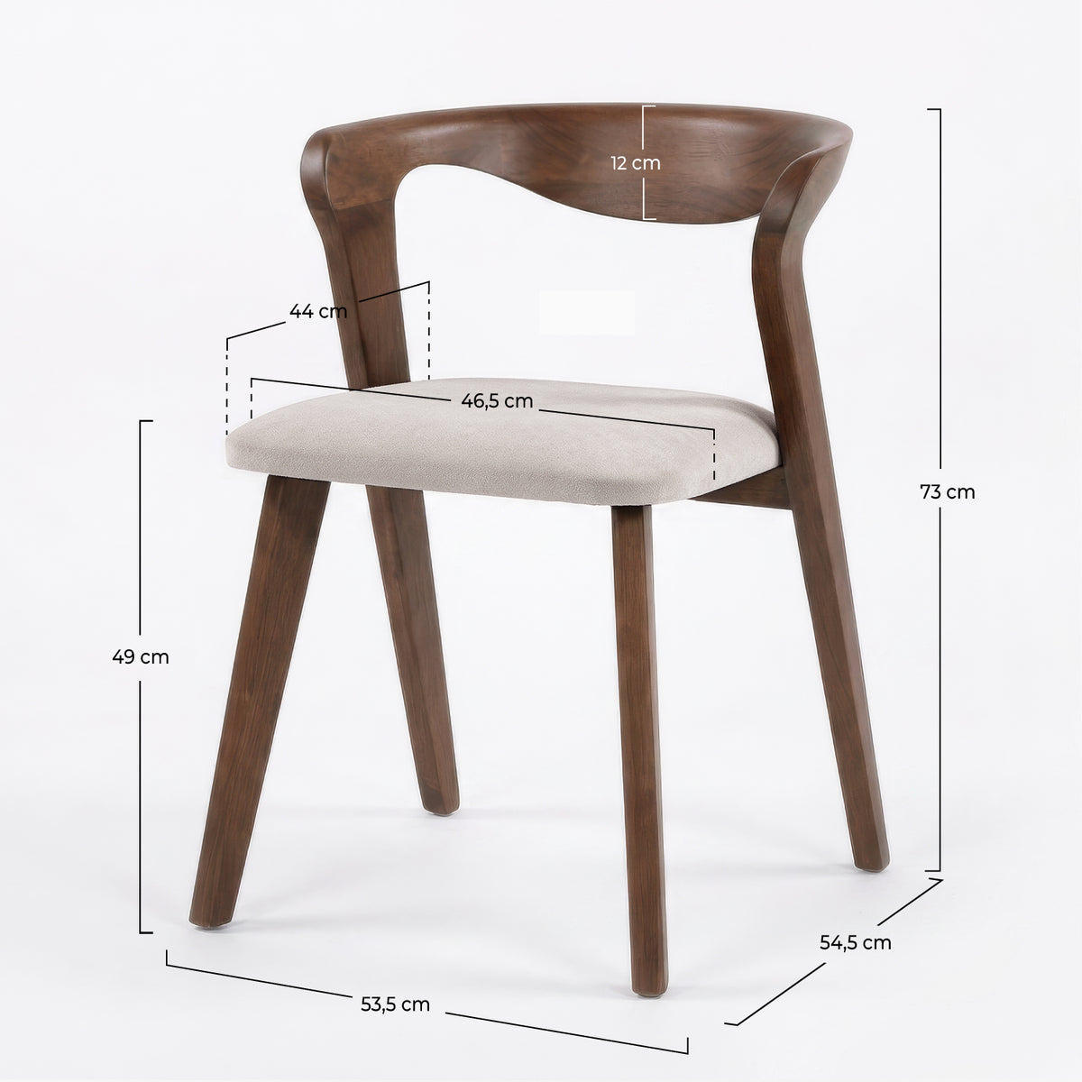 Dimensions de la chaise Vega en bois d'hévéa marron et tissu beige - Maison Pavane