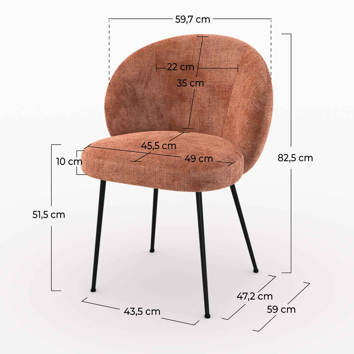 Chaise velours chenille tarracotta tissu doux assise confort