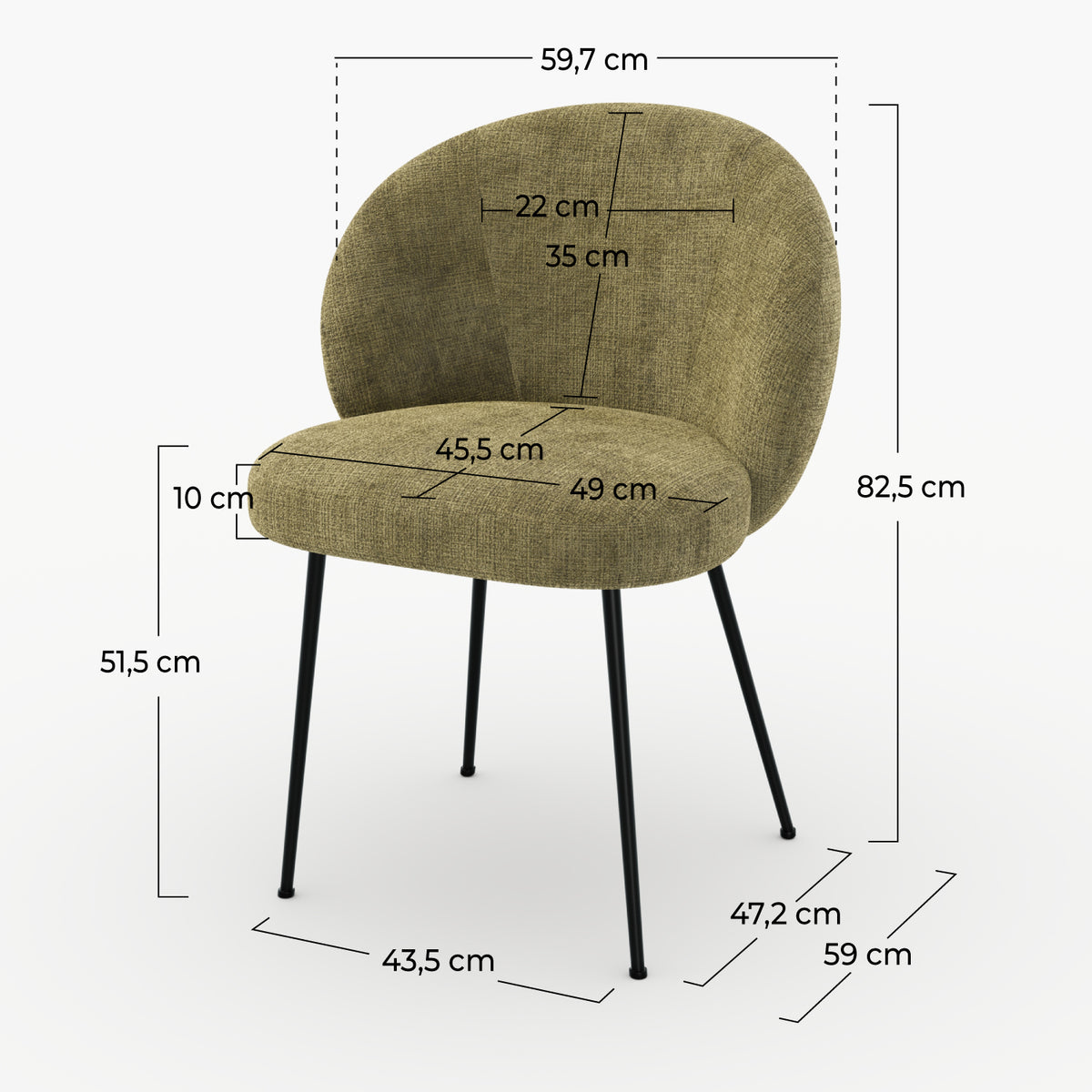 Chaises vertes kaki en velours chenille