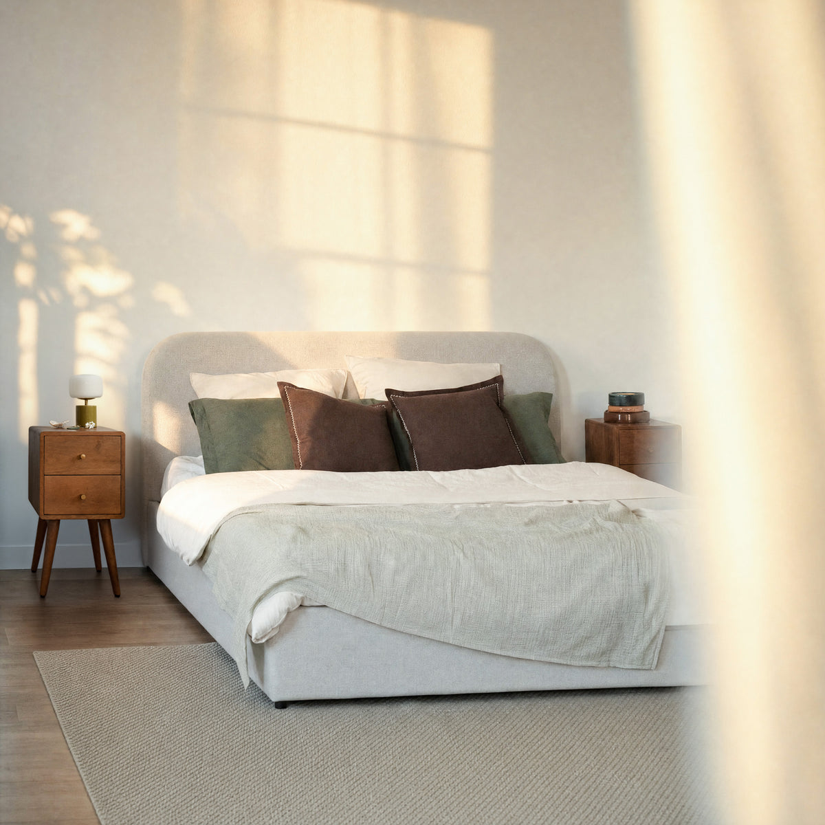 Chambre avec table de chevet en bois et lit confort – Maison Pavane