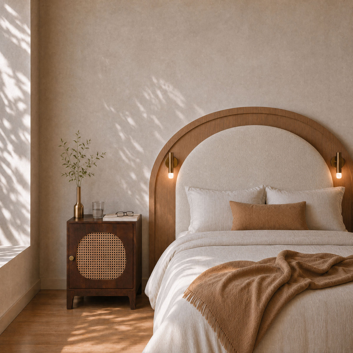 Chambre lit tête de lit arrondi table de chevet marron foncé – Maison Pavane