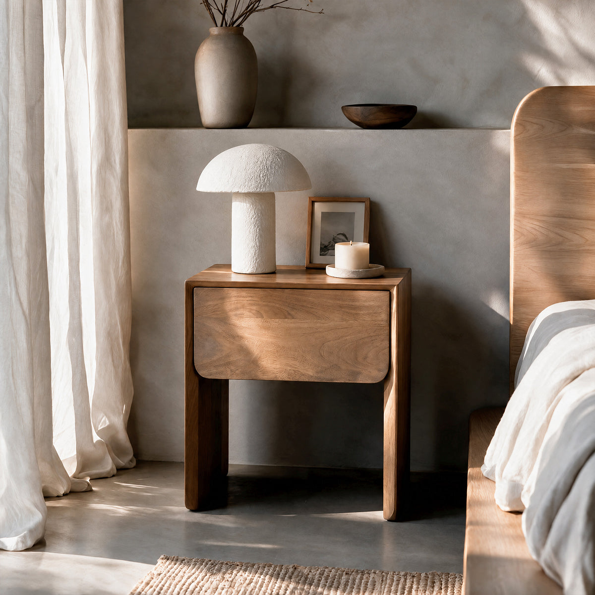 Chambre table de chevet en bois clair lit en bois lampe et bougie blanche – Maison Pavane