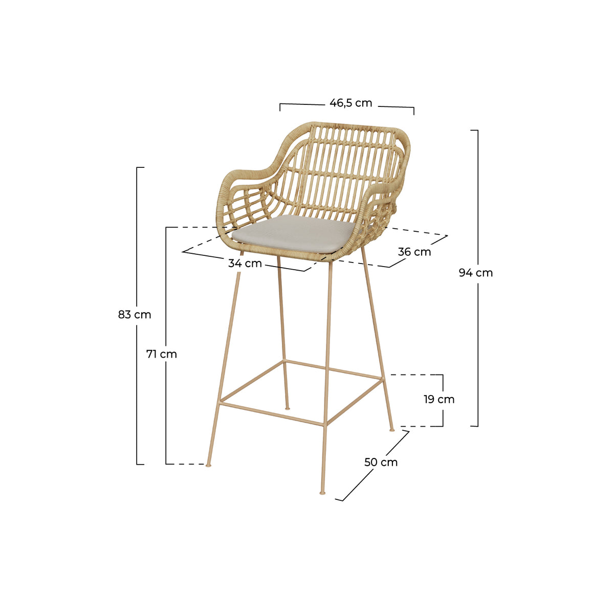 chiloe chaise de bar en rotin coussin et pieds beige