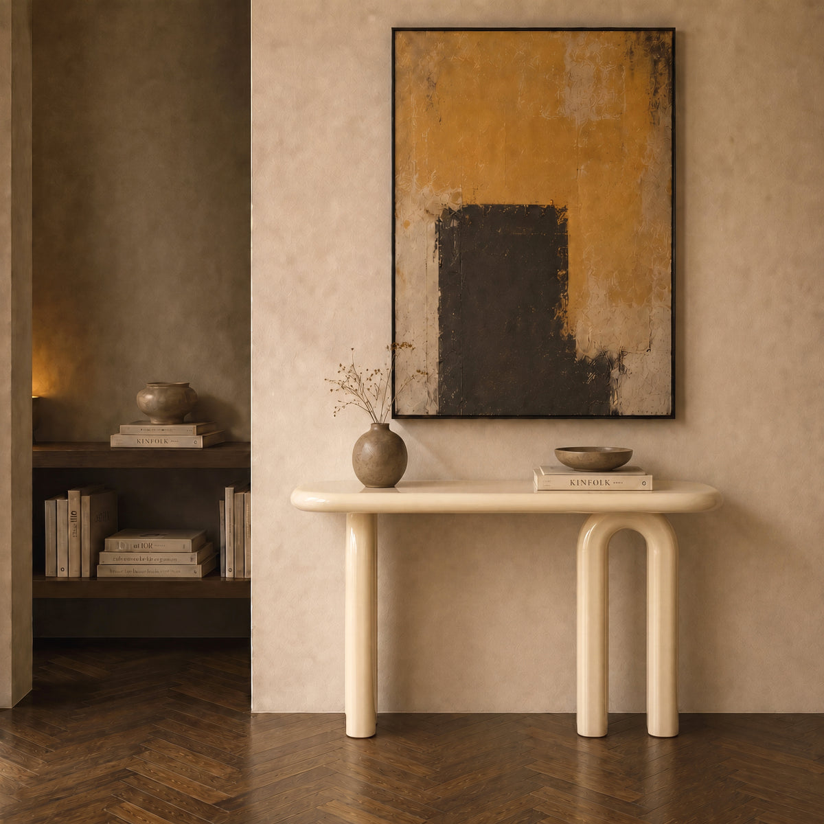 Console blanche laquée pieds asymétriques entrée – Maison Pavane