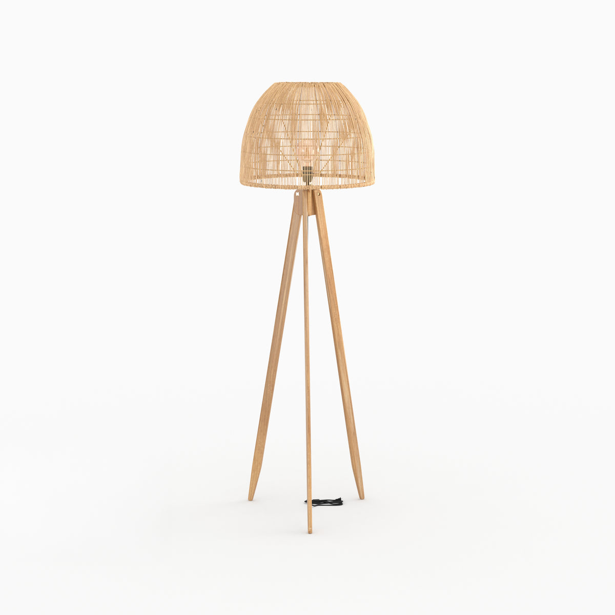 corte lampadaire en bois de teck et rotin trepied