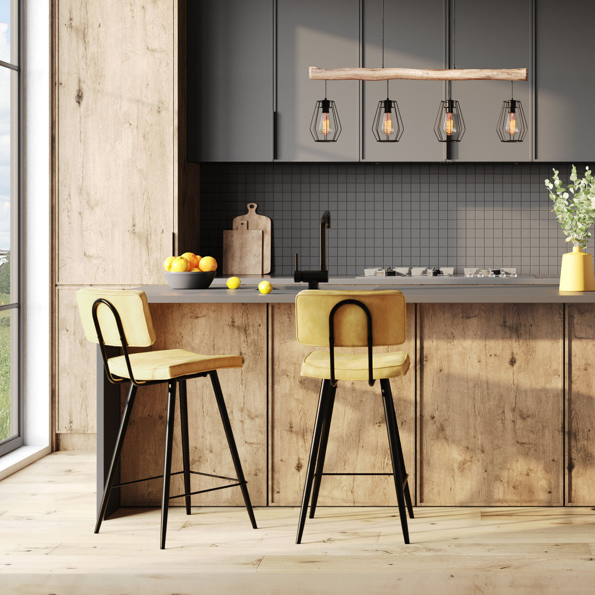 Cuisine chaise de bar jaune et pieds noir – Maison Pavane