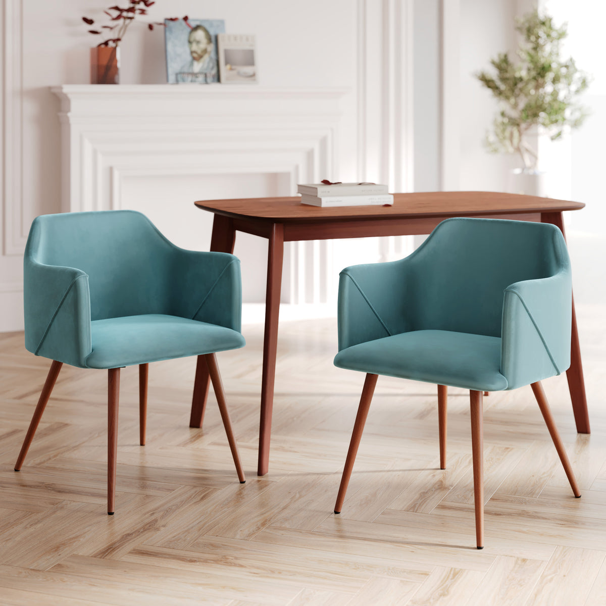 daisy chaise velours bleu clair avec accoudoirs ambiance focus