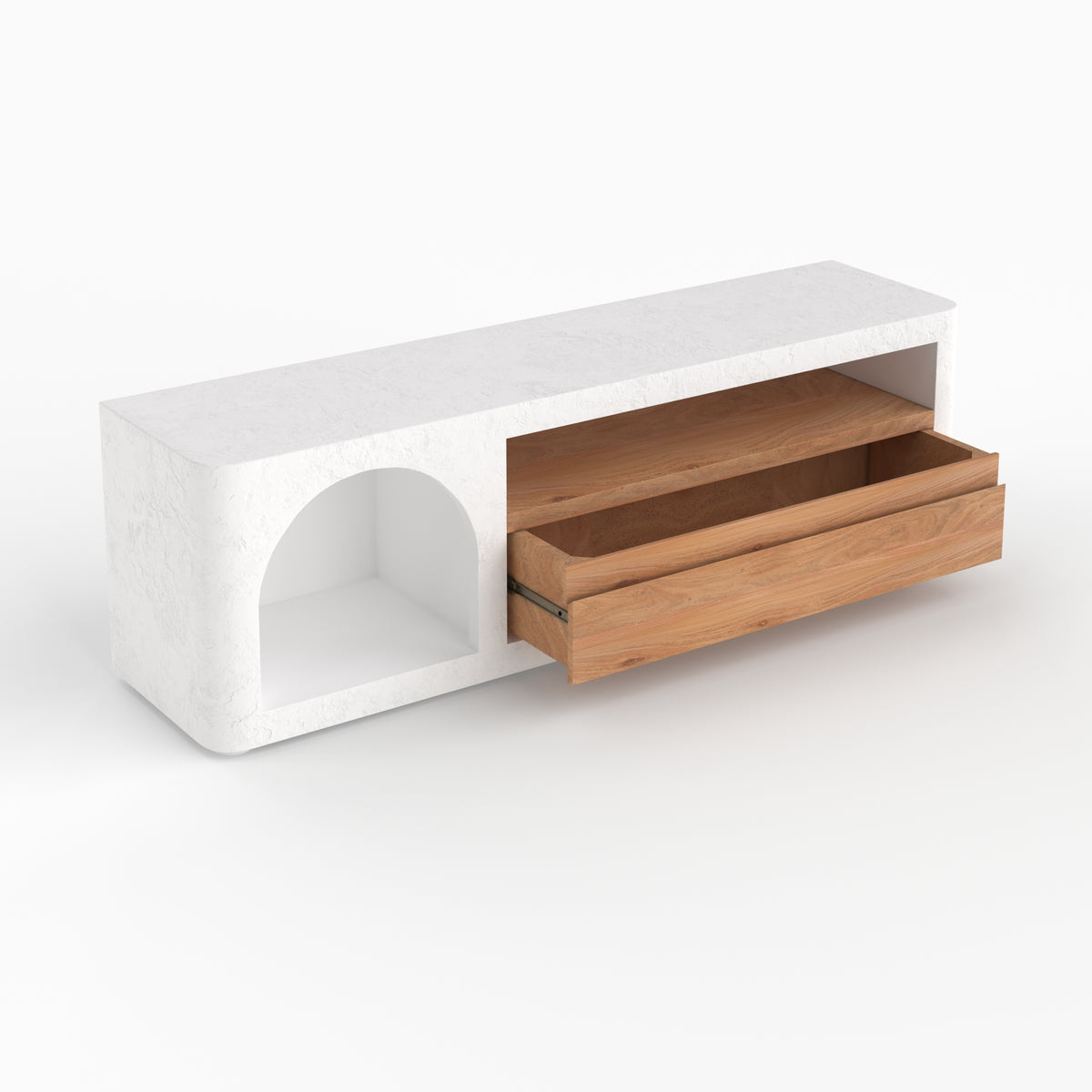 Détail tiroir ouvert meuble Fira blanc cassé plâtre rangement bois