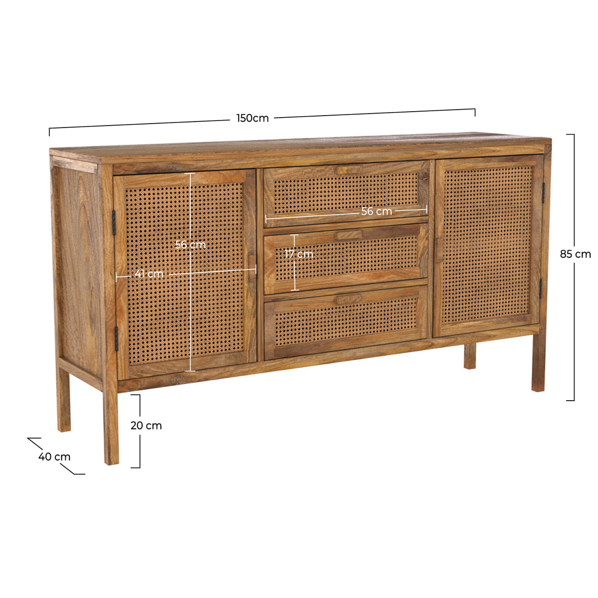 Tiki - Sideboard aus Rohrgeflecht mit 2 Türen und 3 Schubladen