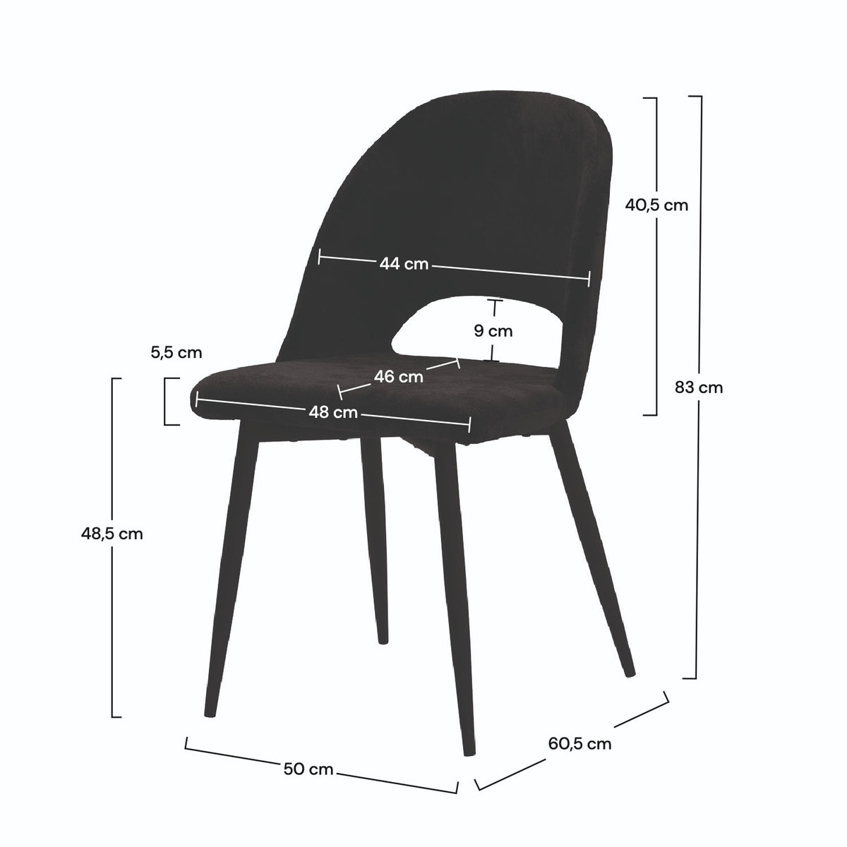 Dimensions chaise en velours noir – Maison Pavane
