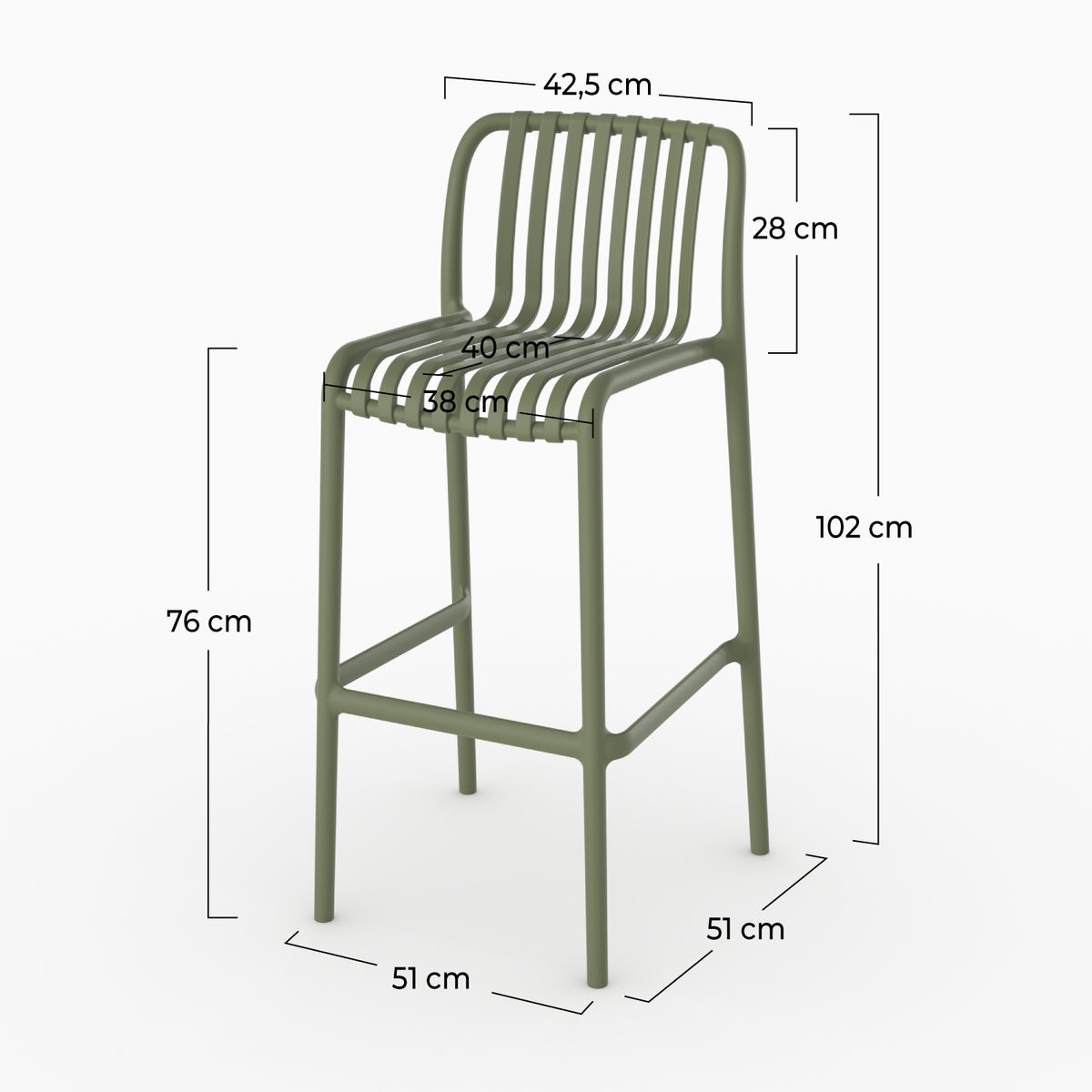 Dimensions chaise bar Duli plastique vert kaki 76cm