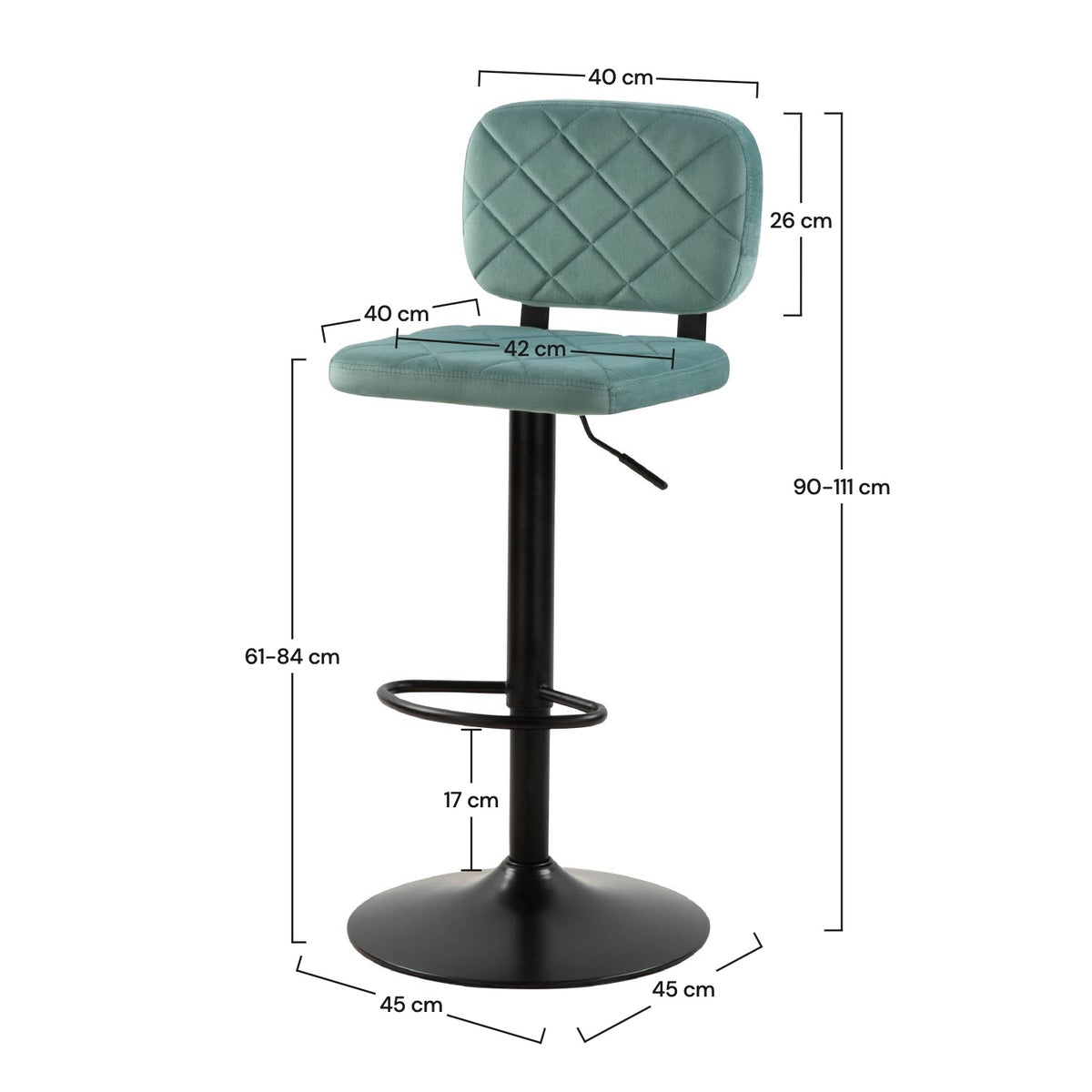 Dimensions chaise de bar velours vert d'eau réglable – Maison Pavane