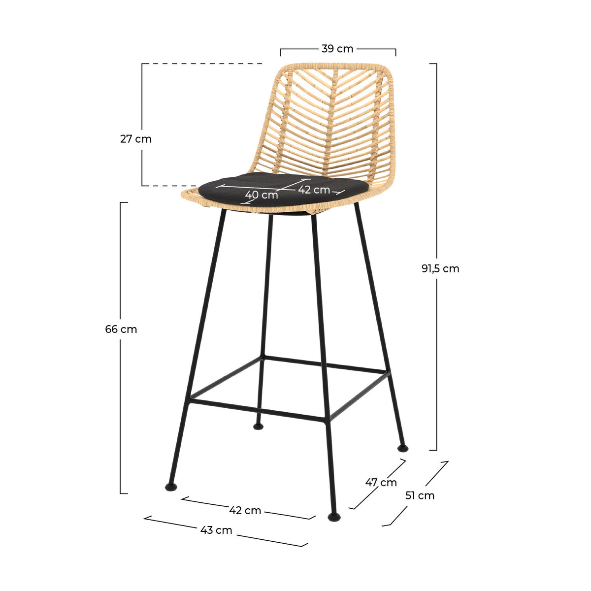 Dimensions chaise de bar mi-hauteur en rotin naturel lot de 2 Tamara – Maison Pavane