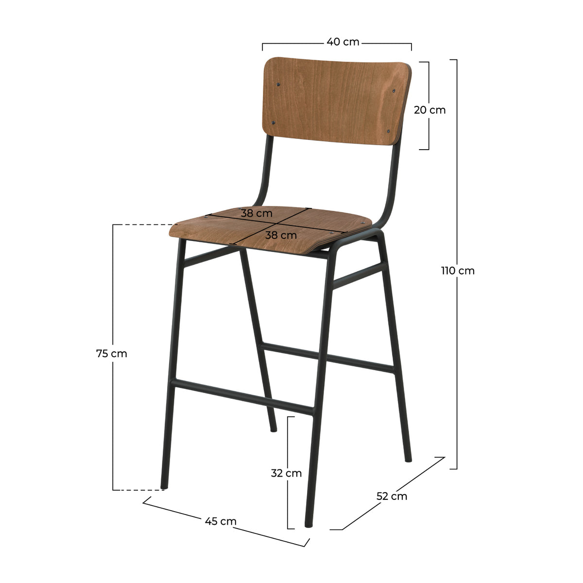 Dimensions chaise de bar style écolier Clem en bois – Maison Pavane