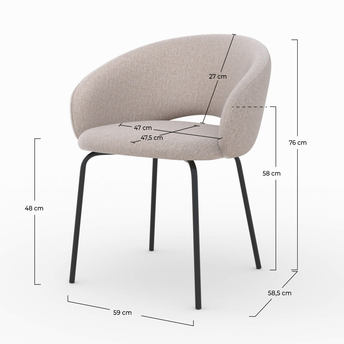 Dimensions chaise en tissu beige chiné Milly dos original – Maison Pavane