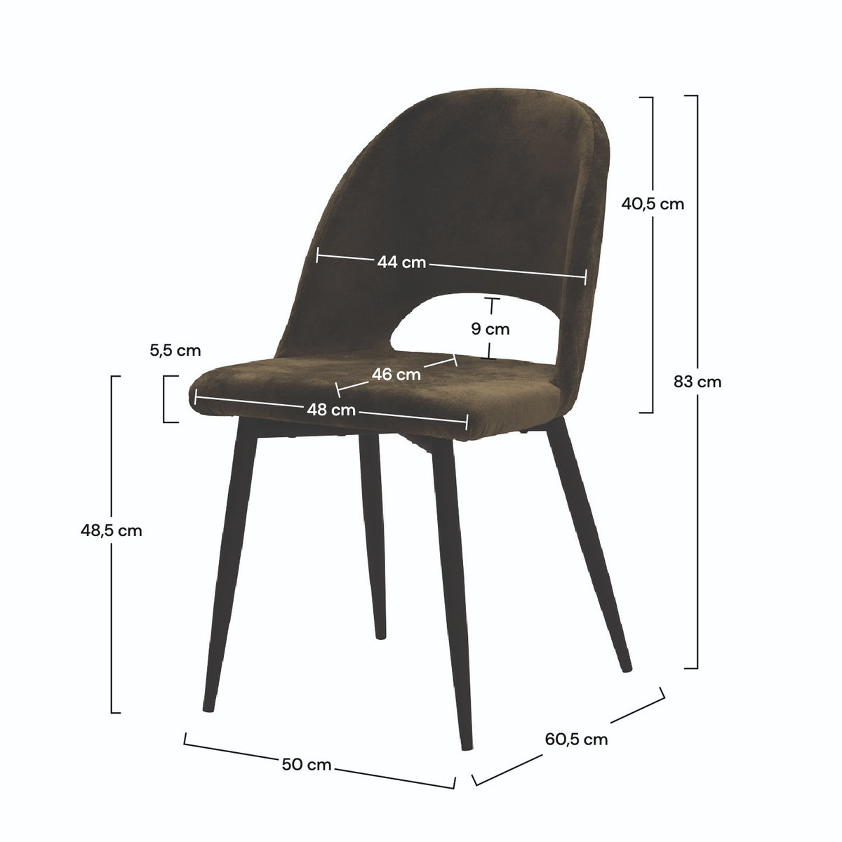 Dimensions chaise en velours vert foncé Peneloppe – Maison Pavane