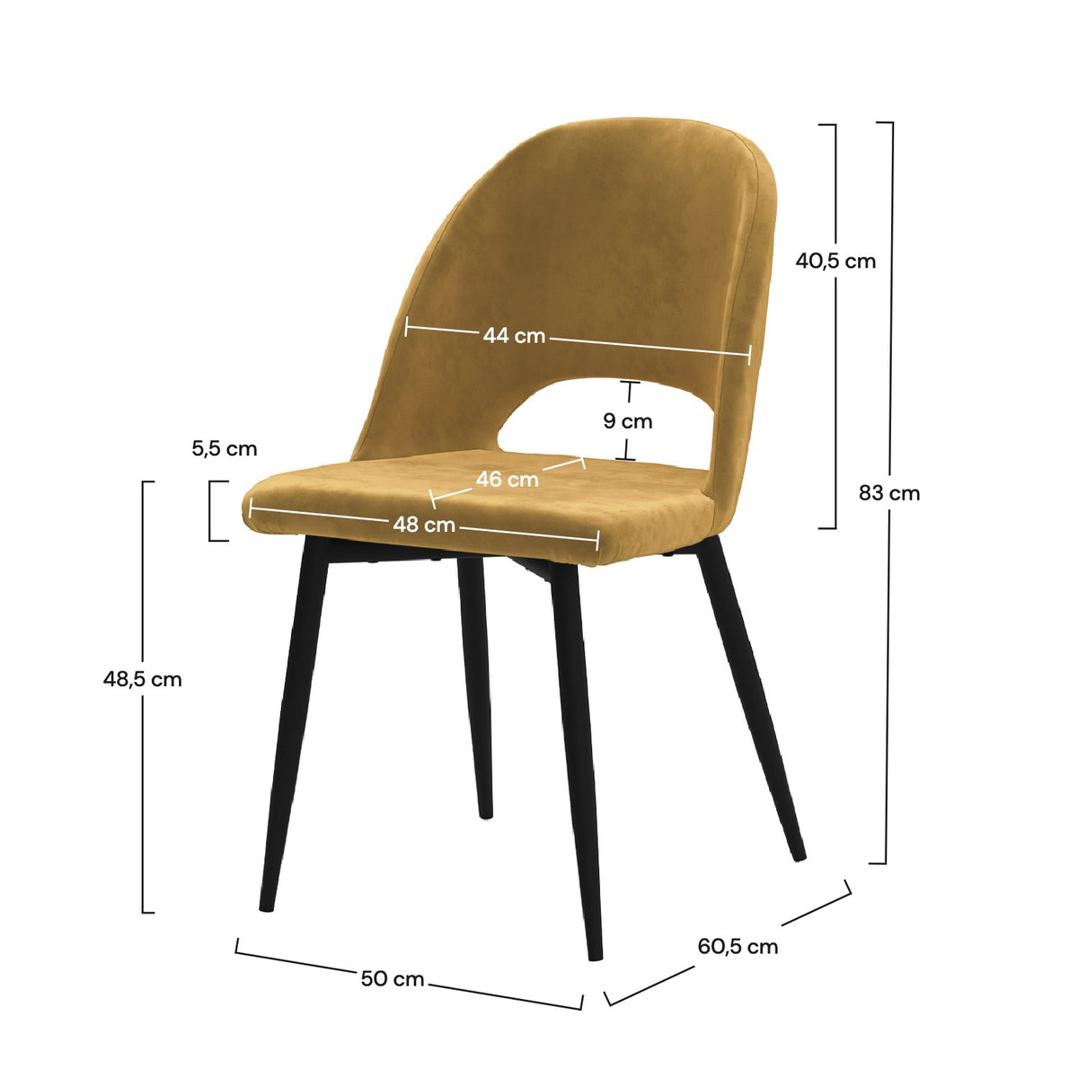 Dimensions chaise velours jaune Peneloppe – Maison Pavane