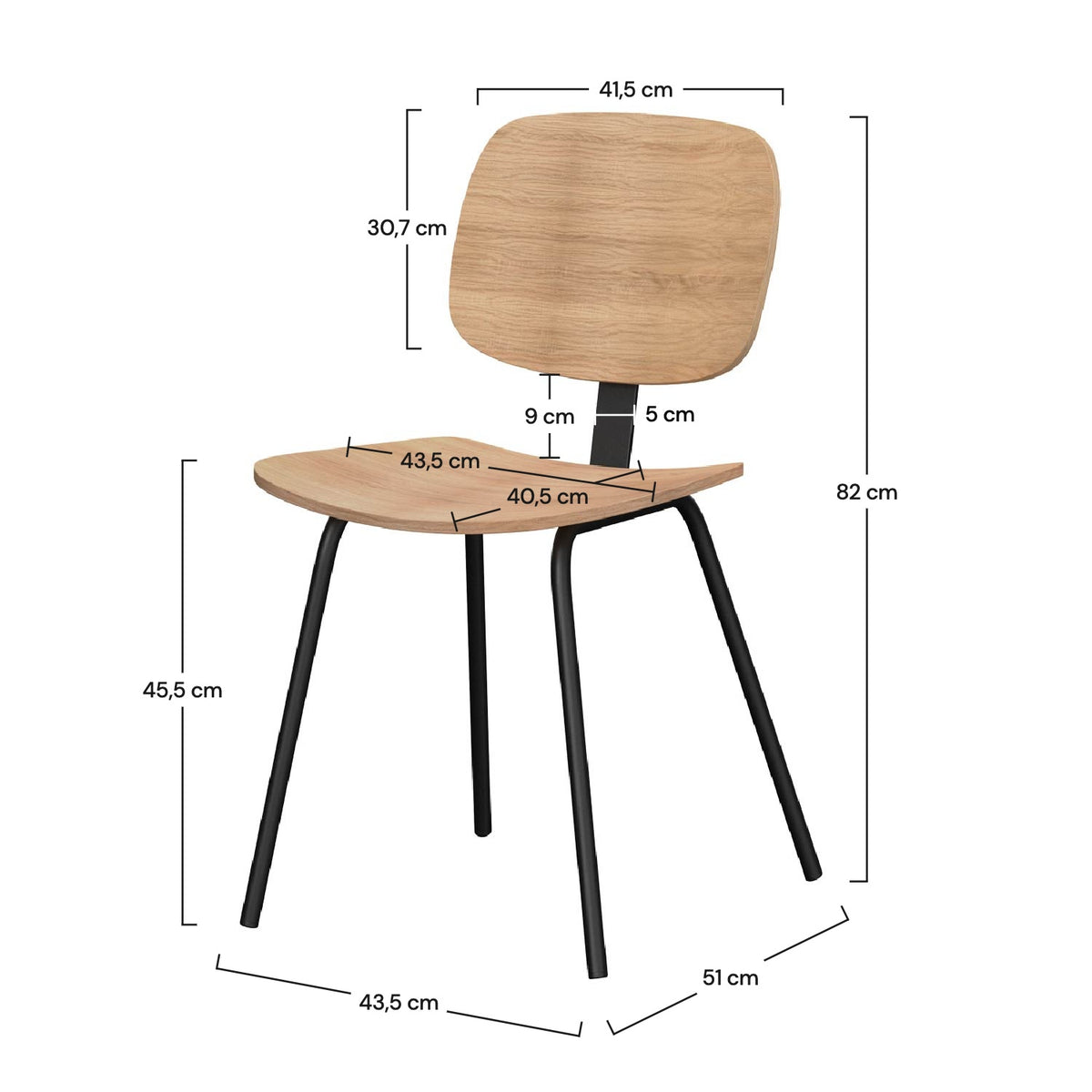 Dimensions chaises en bois clair pieds métal noir Hoodie – Maison Pavane