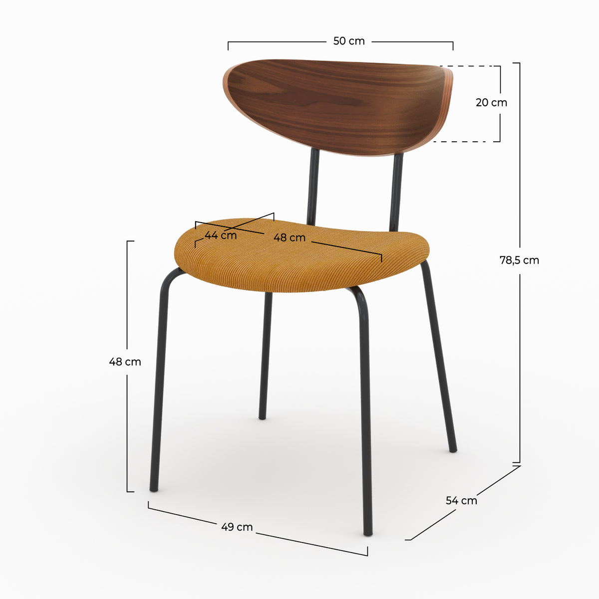 Dimensions chaises jaunes en velours côtelé et bois foncé – Maison Pavane