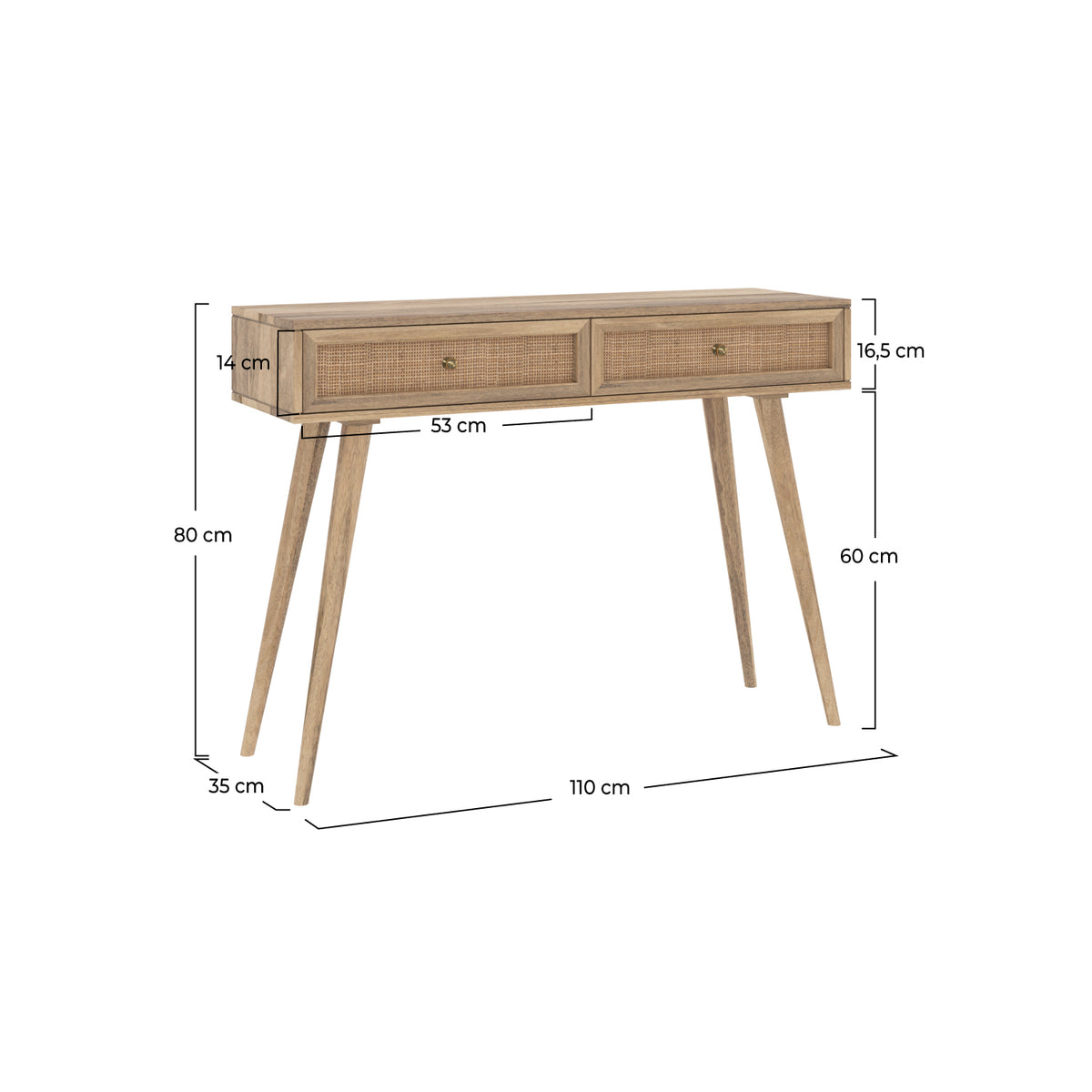 dimensions console masala en bois de manguier 2 tiroirs