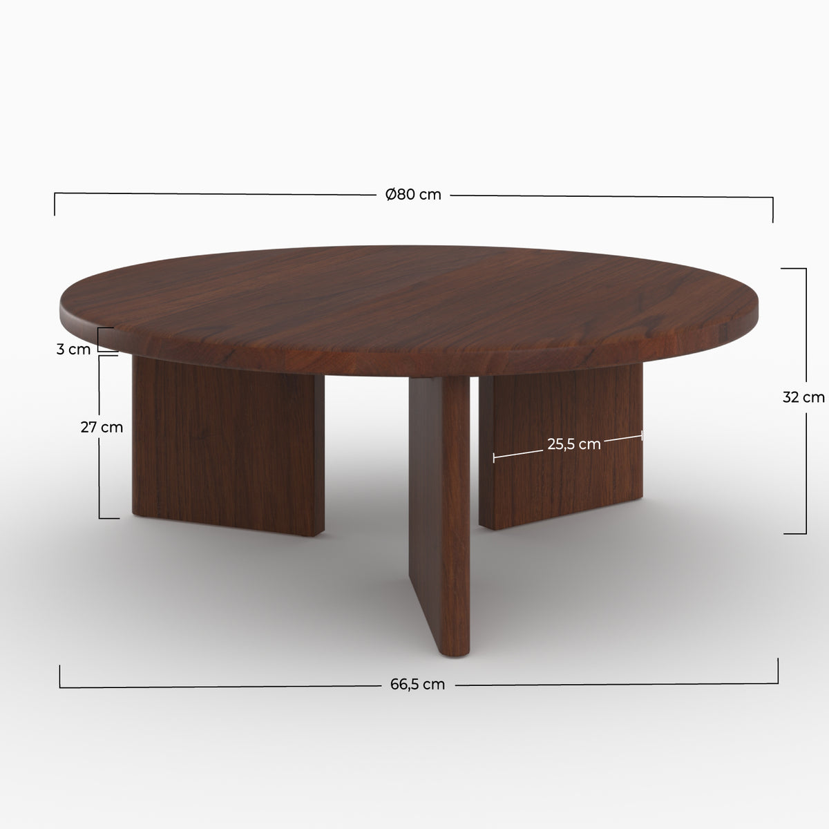 Dimensions détaillées table basse ronde bois mindi foncé D 80 cm – Maison Pavane