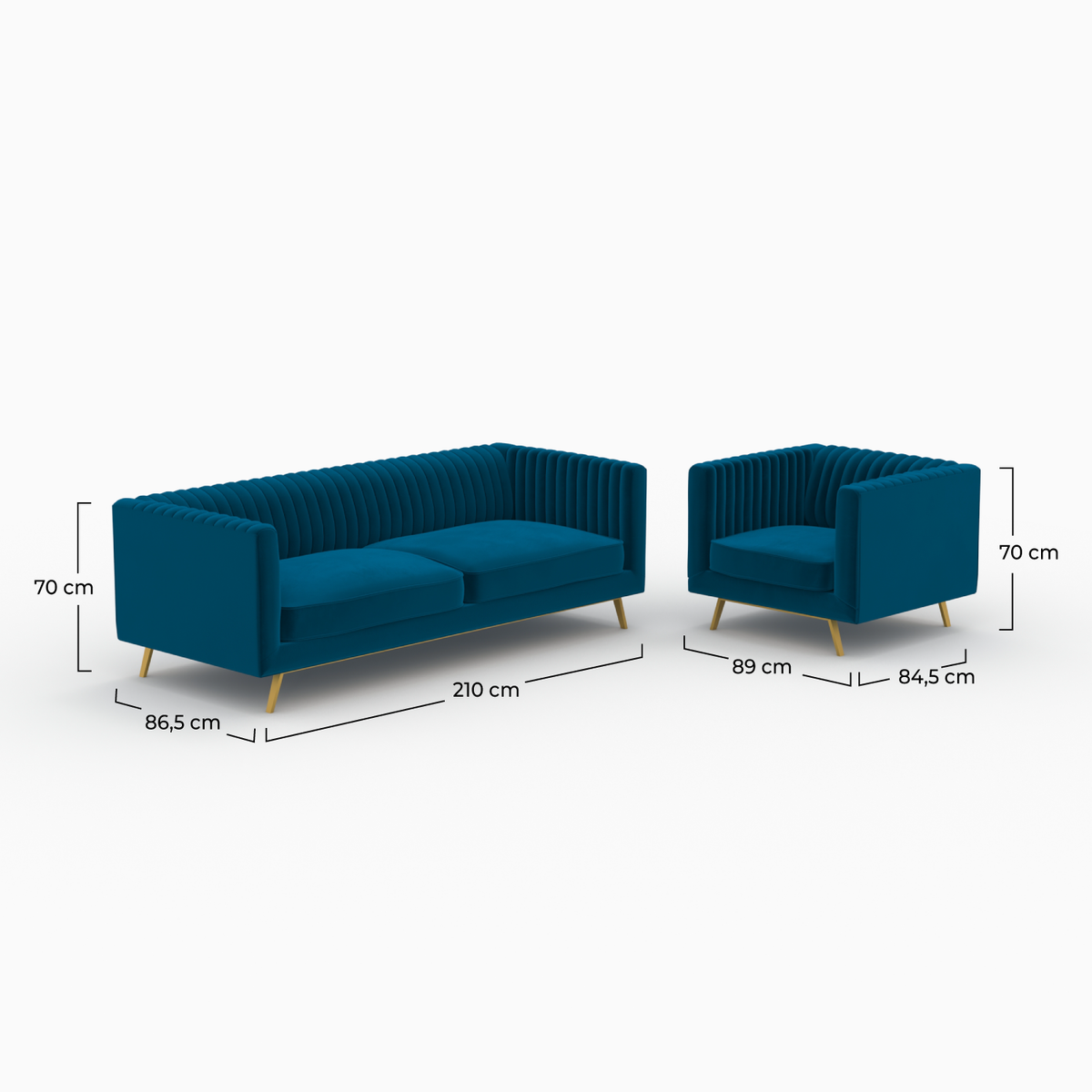 Set divano e poltrona Gatsby in velluto blu 3 posti