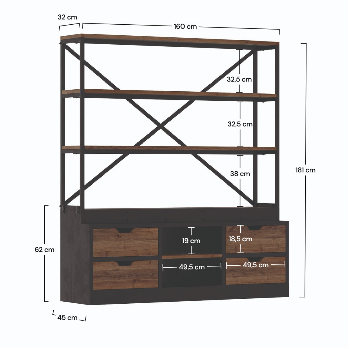 Dimensions grande bibliothèque bois et métal noir – Maison Pavane