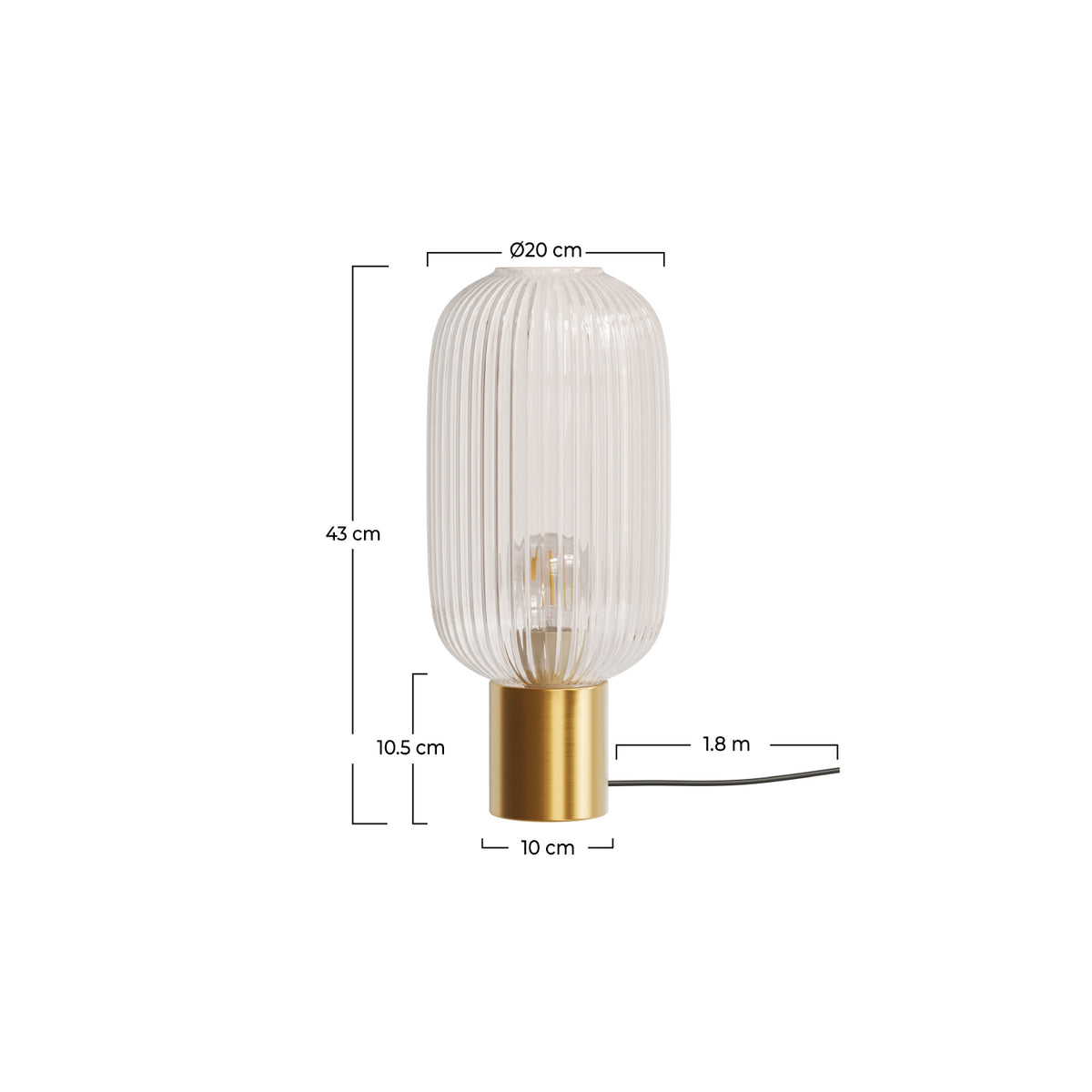 dimensions lampe a poser en verre cannele et dore