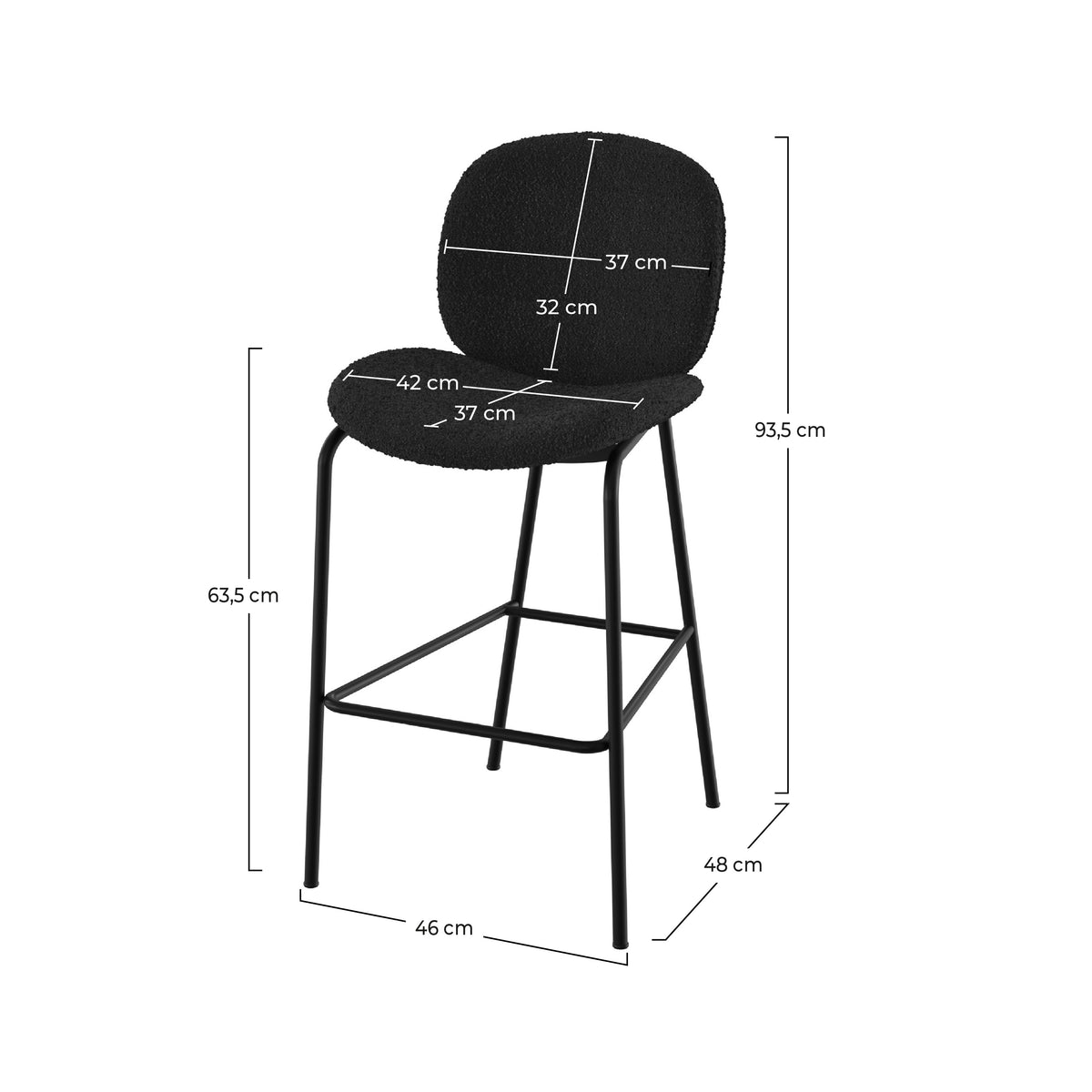 Dimensions lot de 2 chaises pour îlot central en tissu noir bouclette Iris – Maison Pavane