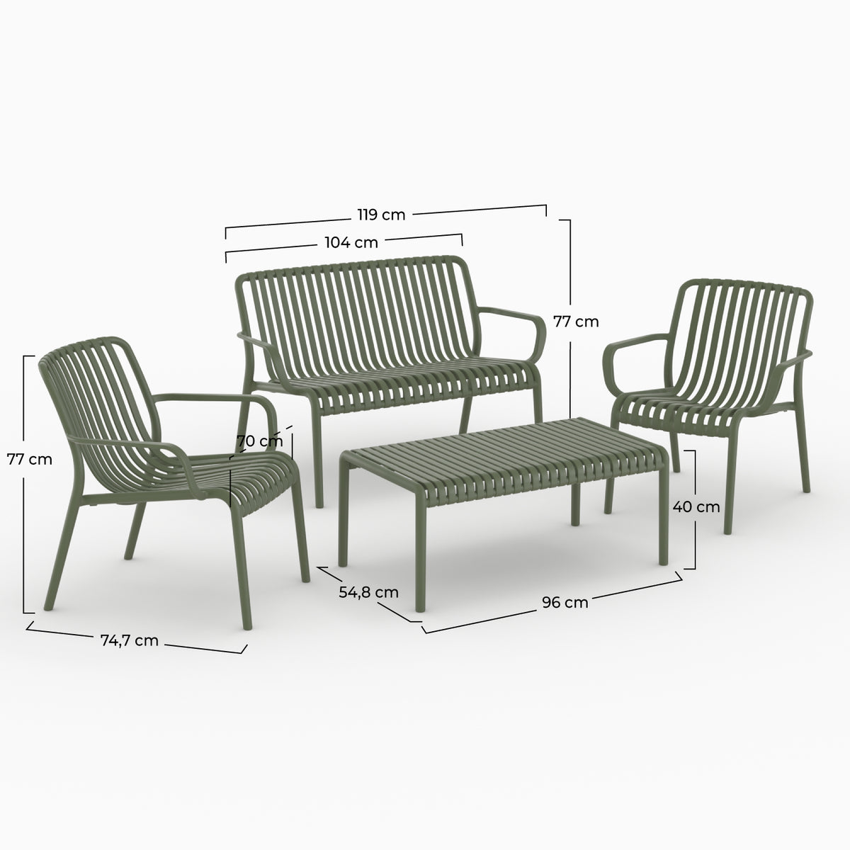 Dimensions salon jardin 4 places Ivy plastique vert kaki