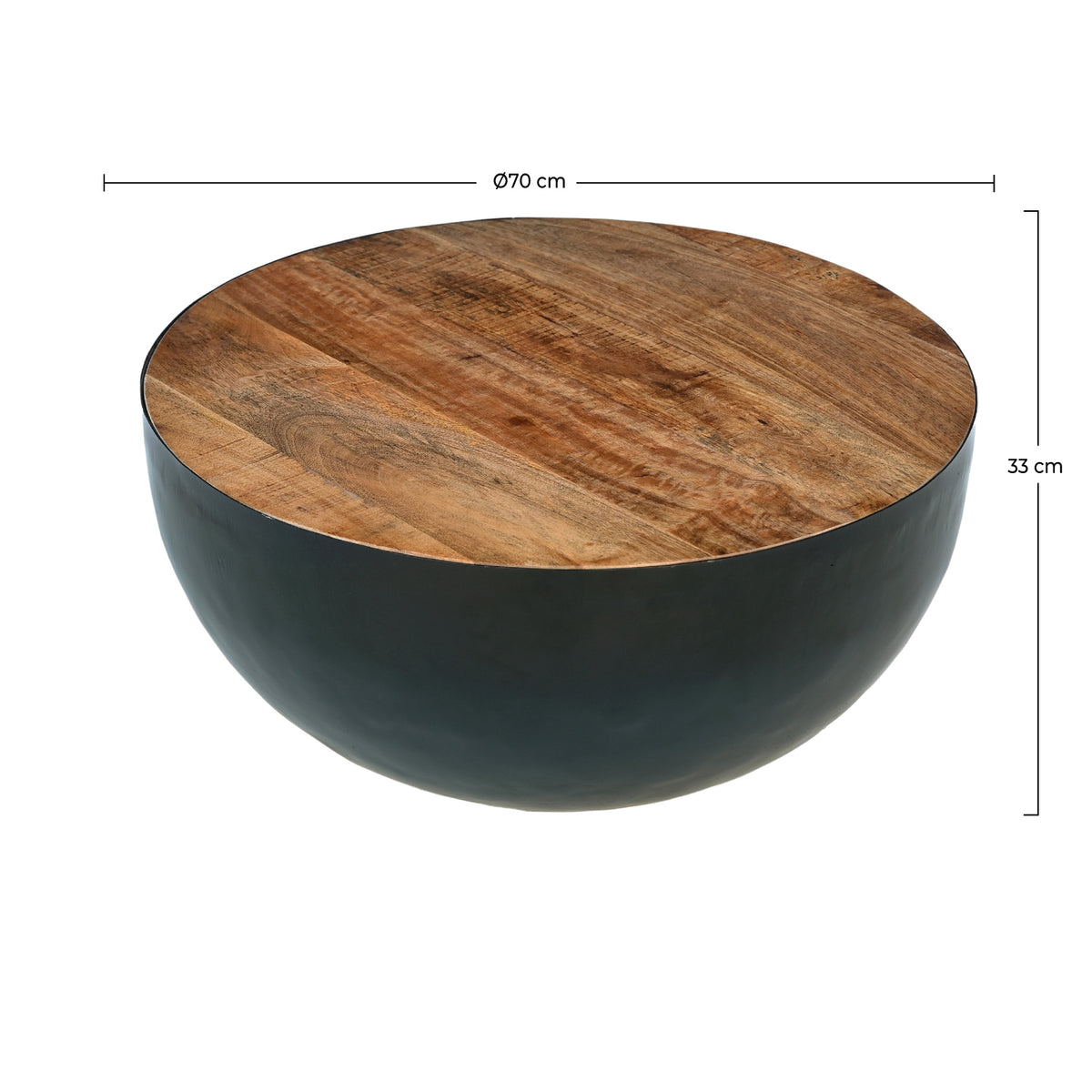 Dimensions table basse ronde plateau bois et métal noir – Maison Pavane
