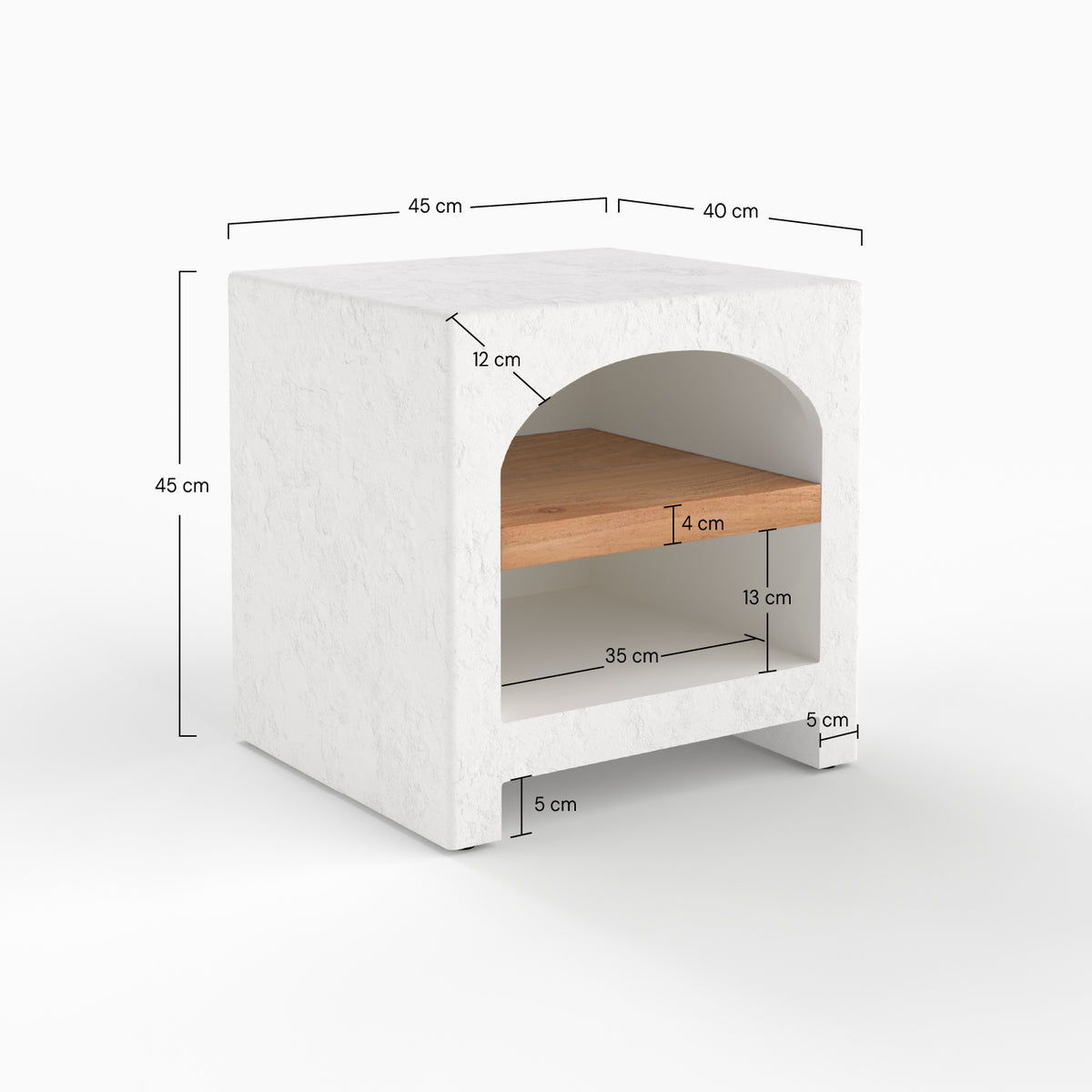 Dimensions table chevet Fira plâtre blanc cassé schema côtés detailles