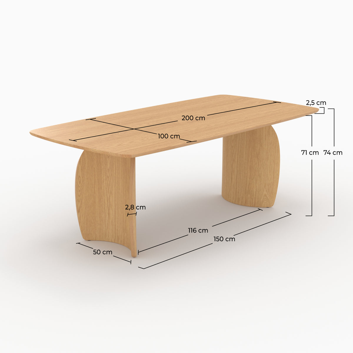 Asma 6-seat rectangular table in plywood and light oak veneer, 200 cm