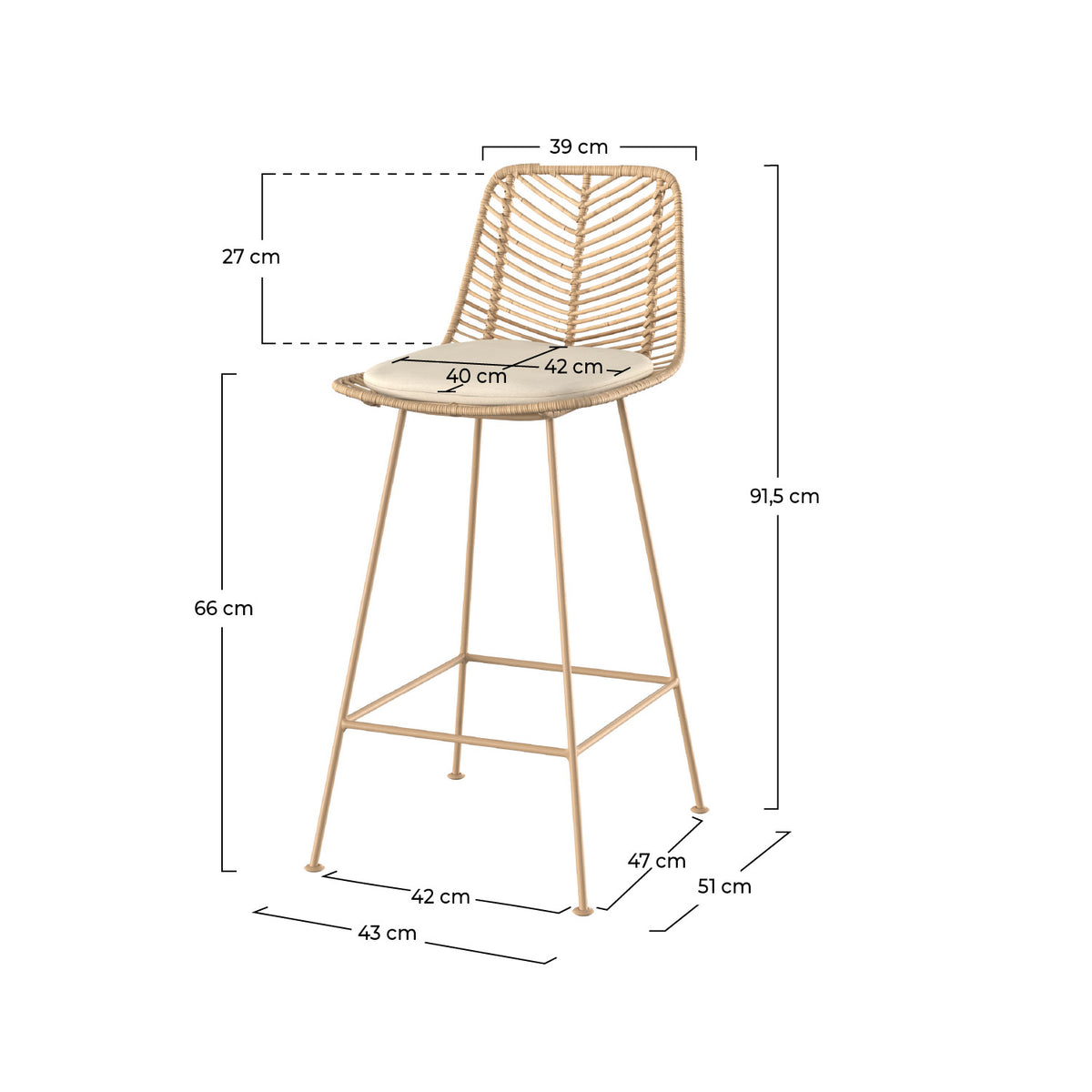 Dimensions Tamara chaise pour îlot central en rotin naturel lot de 2 – Maison Pavane