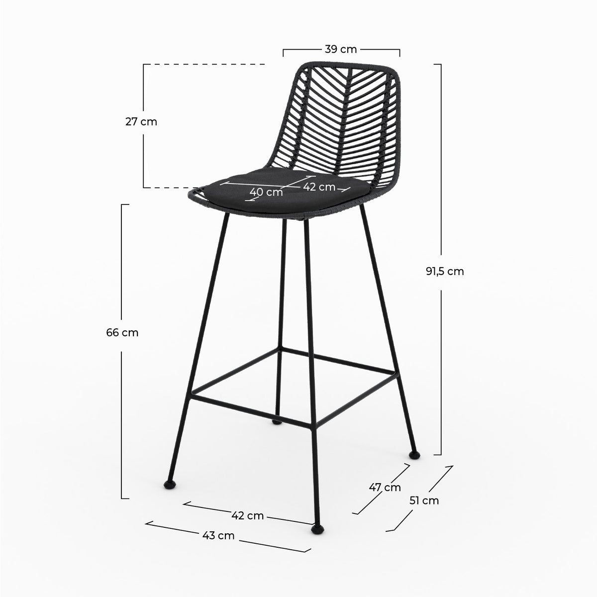 Dimensions Tamara lot de 2 chaises hautes rotin noir îlot – Maison Pavane