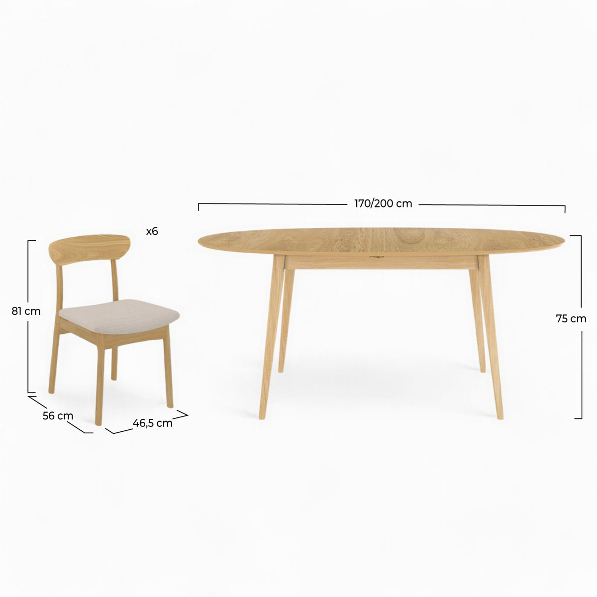 eddy table et chaises bois clair 6 personnes tissu blanc