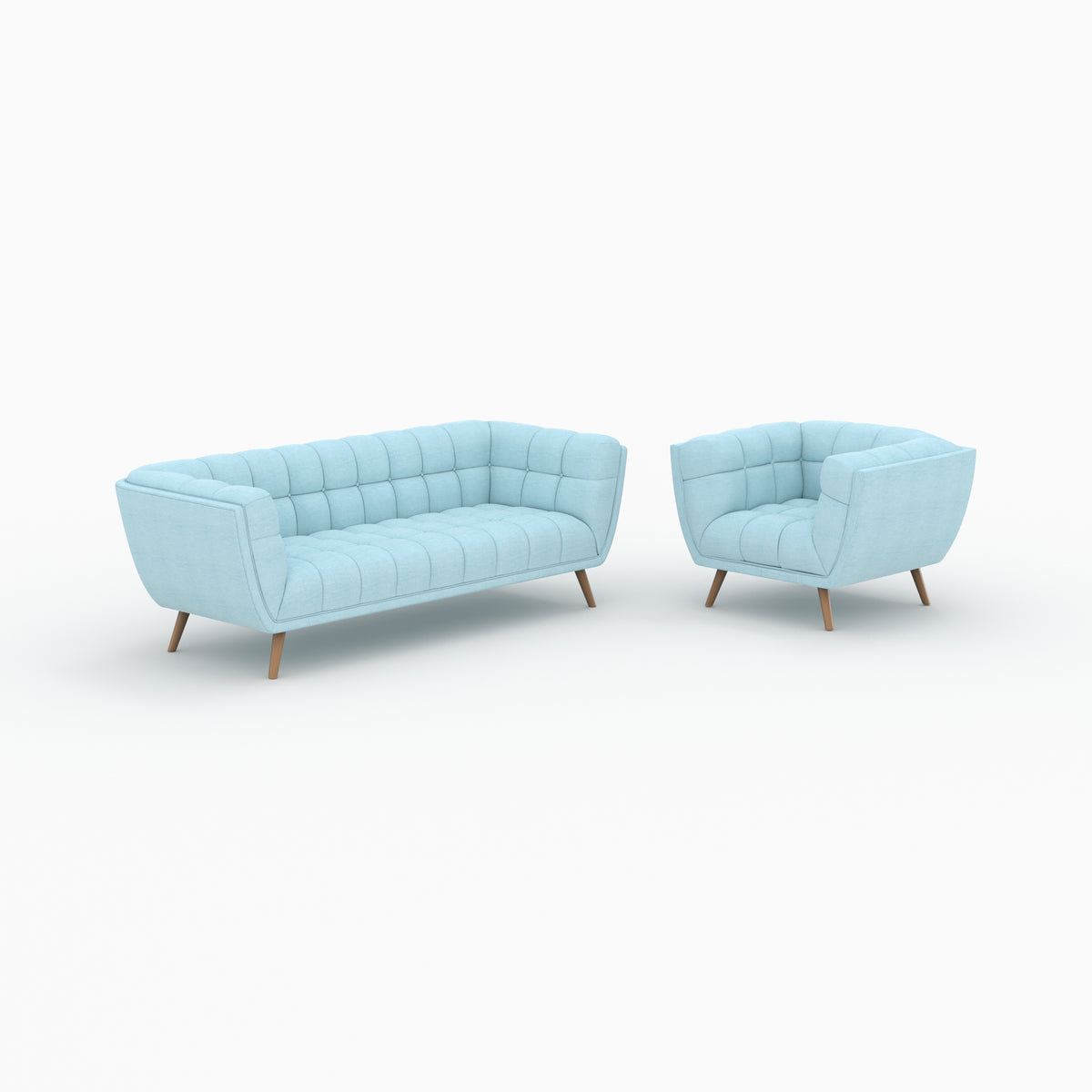 ensemble canape et fautueil carmen en tissu bleu clair pieds bois 4 places