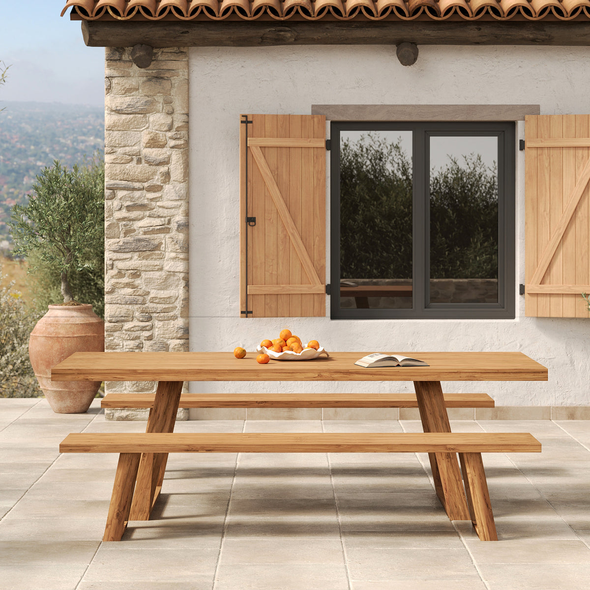 ensemble exterieur table bancs 10 places bois de teck