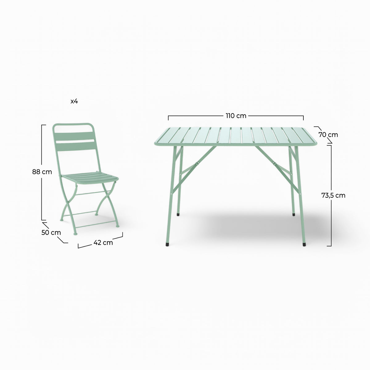 ensemble pliant table et chaises de jardin pliantes 4 personnes yumi en metal vert