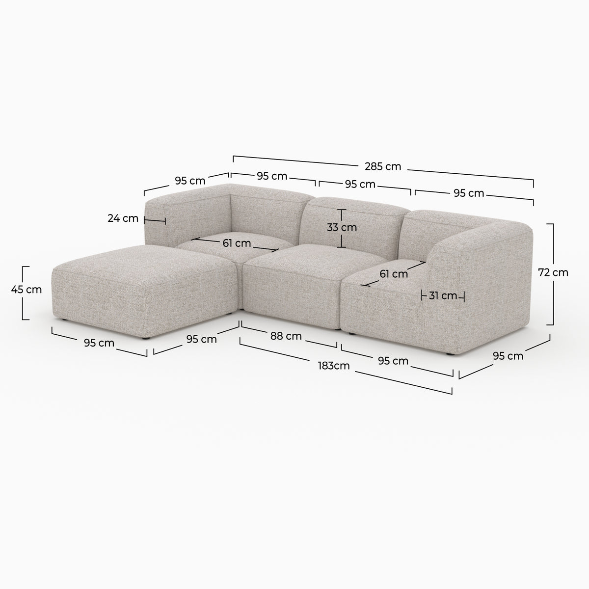 Ensemble salon Mina tissu beige canapé et pouf 3 places