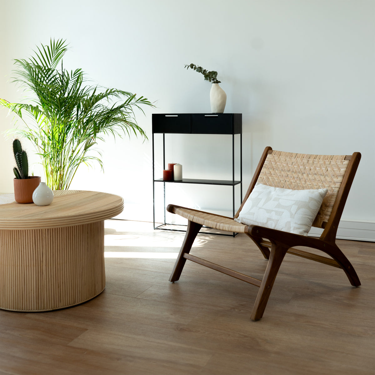 fauteuil bois de teck chevron tressage rotin kilka
