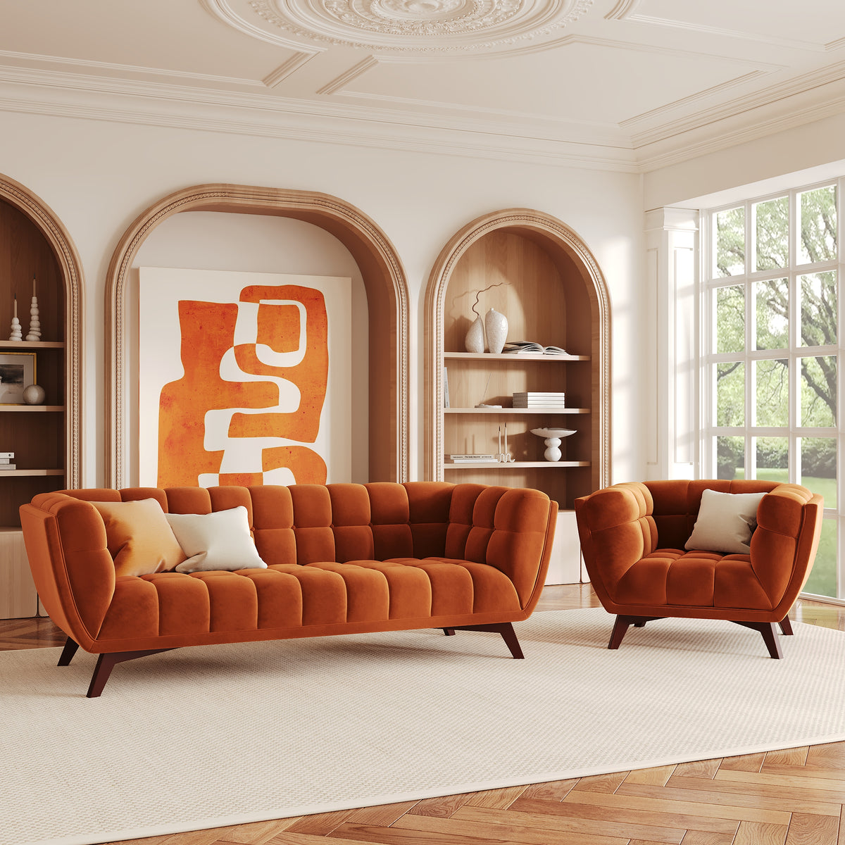fauteuil et canape orange terracotta velours 4 personnes