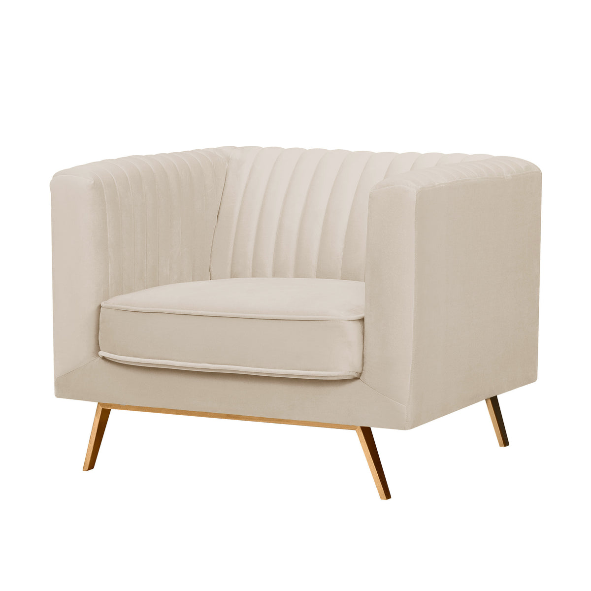 Fauteuil Gatsby velours beige capitonné piètement doré trois quarts – Maison Pavane